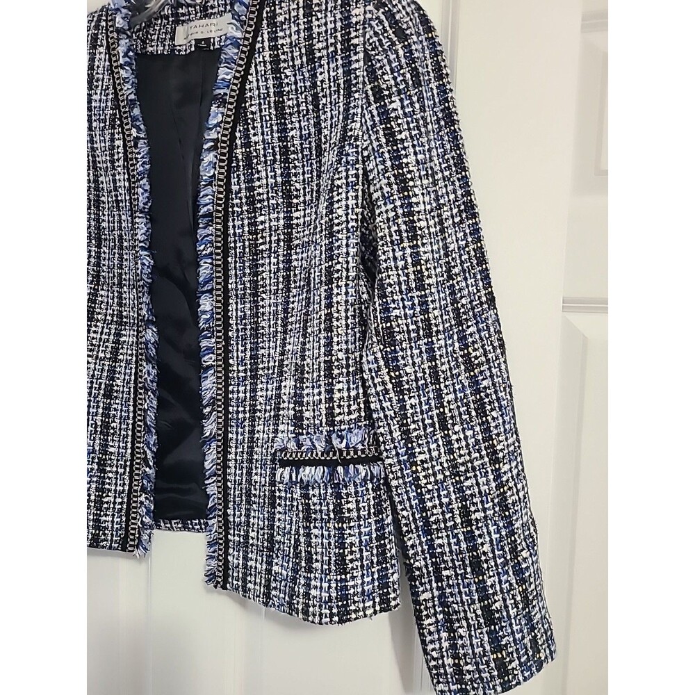 Tahari Arthur Levine Blue Fringe Braid Trim Tweed Crop Lady Jacket Blazer Sz 6 - Picture 3 of 7